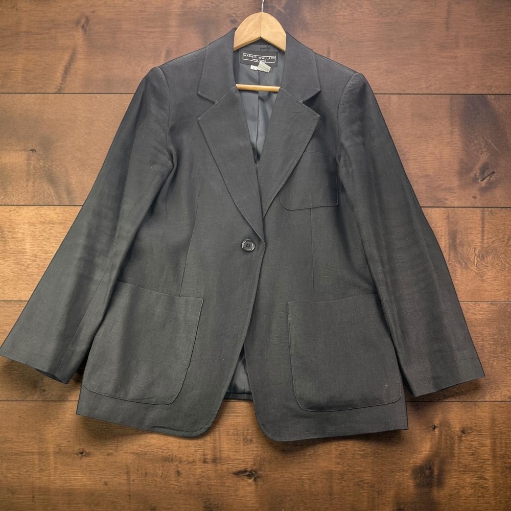 Vintage Harris Wallace New York 100% Linen Blazer Black Single Button Size 10